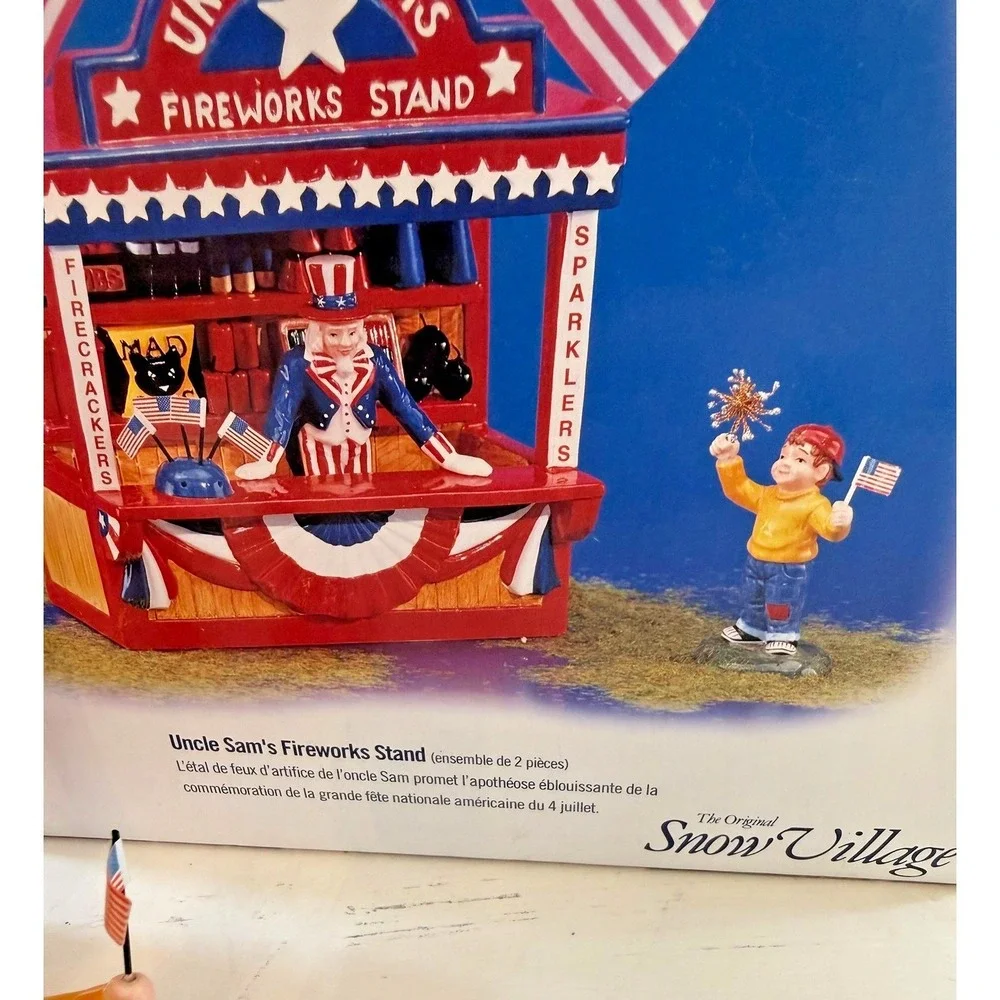 Dept 56 Uncle Sam's Fireworks Stand 2Pc Figures July 4th #54974 Retired